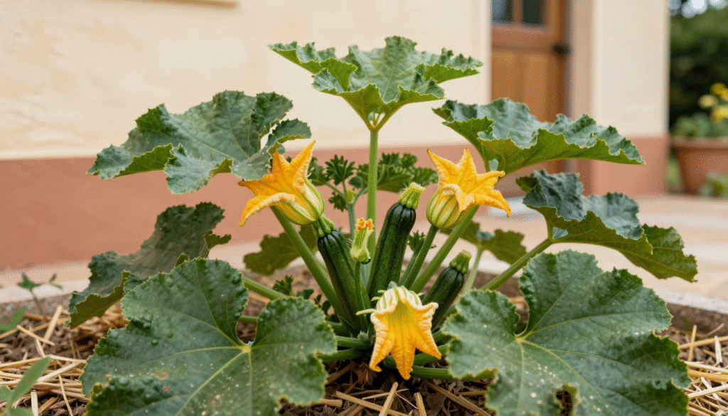 Pied de courgette vigoureux au potager avec fleurs jaunes et jeunes courgettes sur paillage