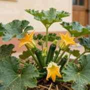 Pied de courgette vigoureux au potager avec fleurs jaunes et jeunes courgettes sur paillage