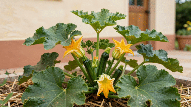 Pied de courgette vigoureux au potager avec fleurs jaunes et jeunes courgettes sur paillage