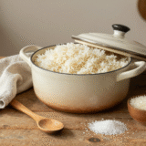 Casserole de riz basmati aux grains détachés sur une table en bois, avec torchon en lin et bols de riz cru