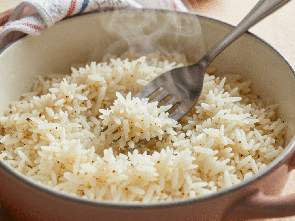 Grains de riz basmati cuits et détachés, aérés à la fourchette dans une casserole fumante
