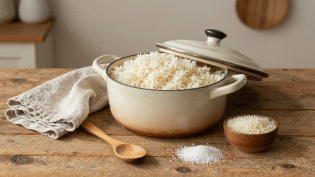 Casserole de riz basmati aux grains détachés sur une table en bois, avec torchon en lin et bols de riz cru