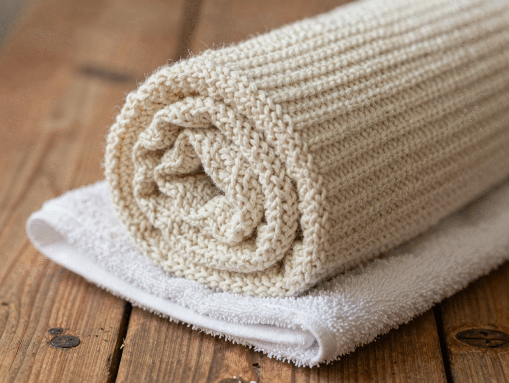Pull en maille roulé serré dans une serviette éponge pour absorber l'eau avant séchage