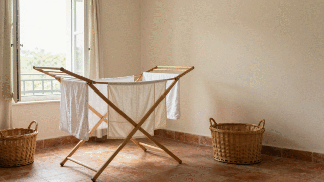 Étendoir en bois avec linge blanc bien espacé près d'une fenêtre ouverte dans une buanderie lumineuse