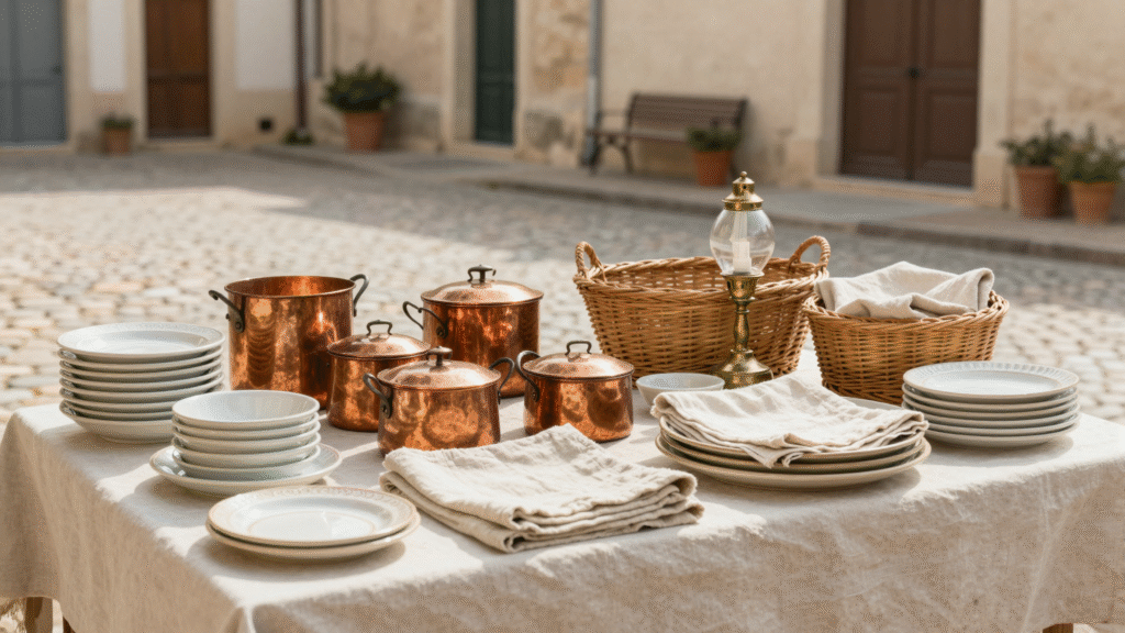 Étal de brocante avec vaisselle ancienne, cuivres, linge plié et panier en osier sur une place de village