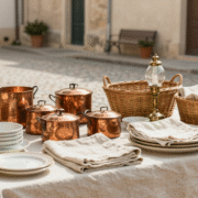 Étal de brocante avec vaisselle ancienne, cuivres, linge plié et panier en osier sur une place de village