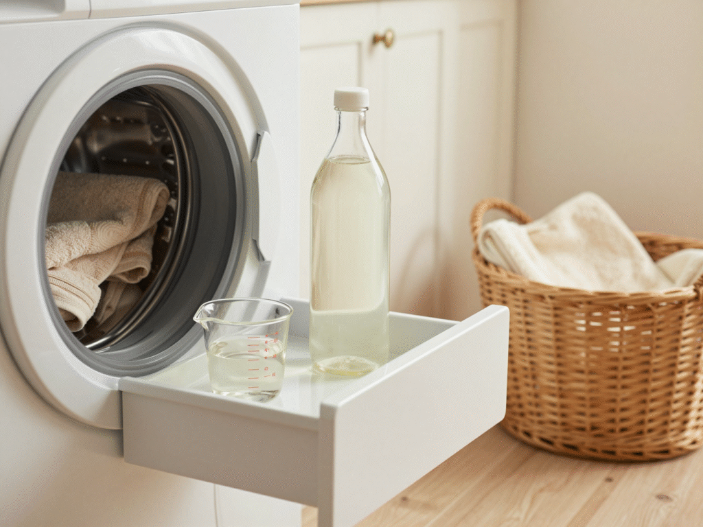 Vinaigre blanc versé dans le bac à adoucissant du lave-linge pour assouplir les serviettes