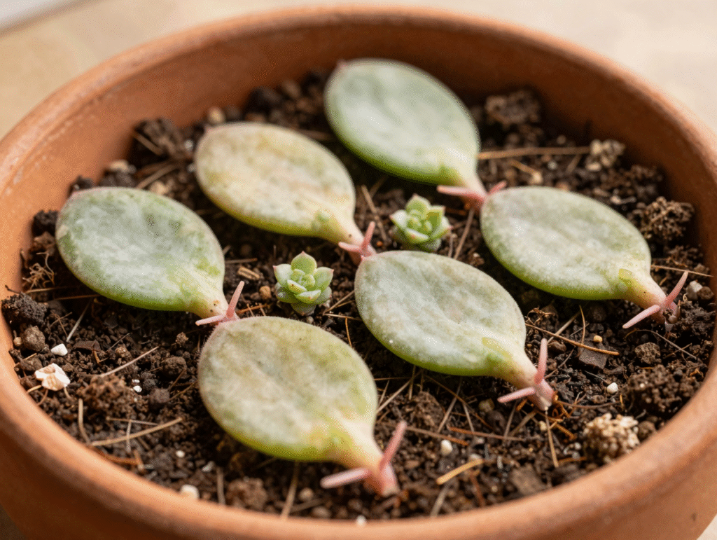 Feuilles de succulente posées sur substrat sec avec de petites racines et rosettes en formation