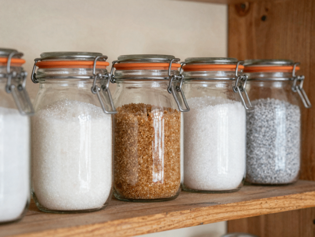 Bocaux hermétiques de sucre et de sel alignés, salière avec quelques grains de riz