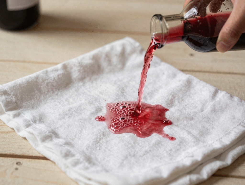 Tamponnage d'une tache de vin rouge avec un linge blanc et de l'eau gazeuse