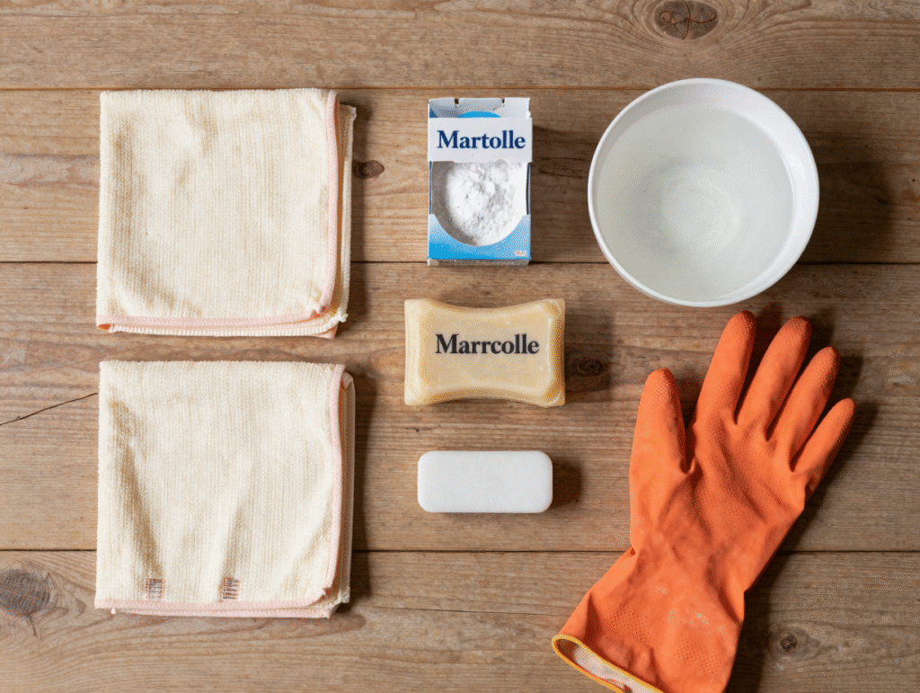 Matériel de nettoyage des murs posé au sol : chiffons microfibre, gomme blanche, savon de Marseille, bicarbonate et gants