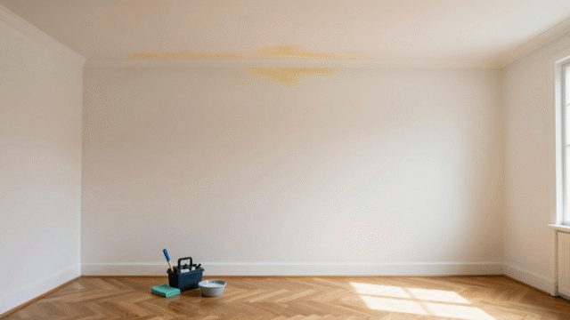 Angle de mur et plafond blanc marqué d'une auréole jaunâtre, avec un petit matériel de nettoyage posé au sol