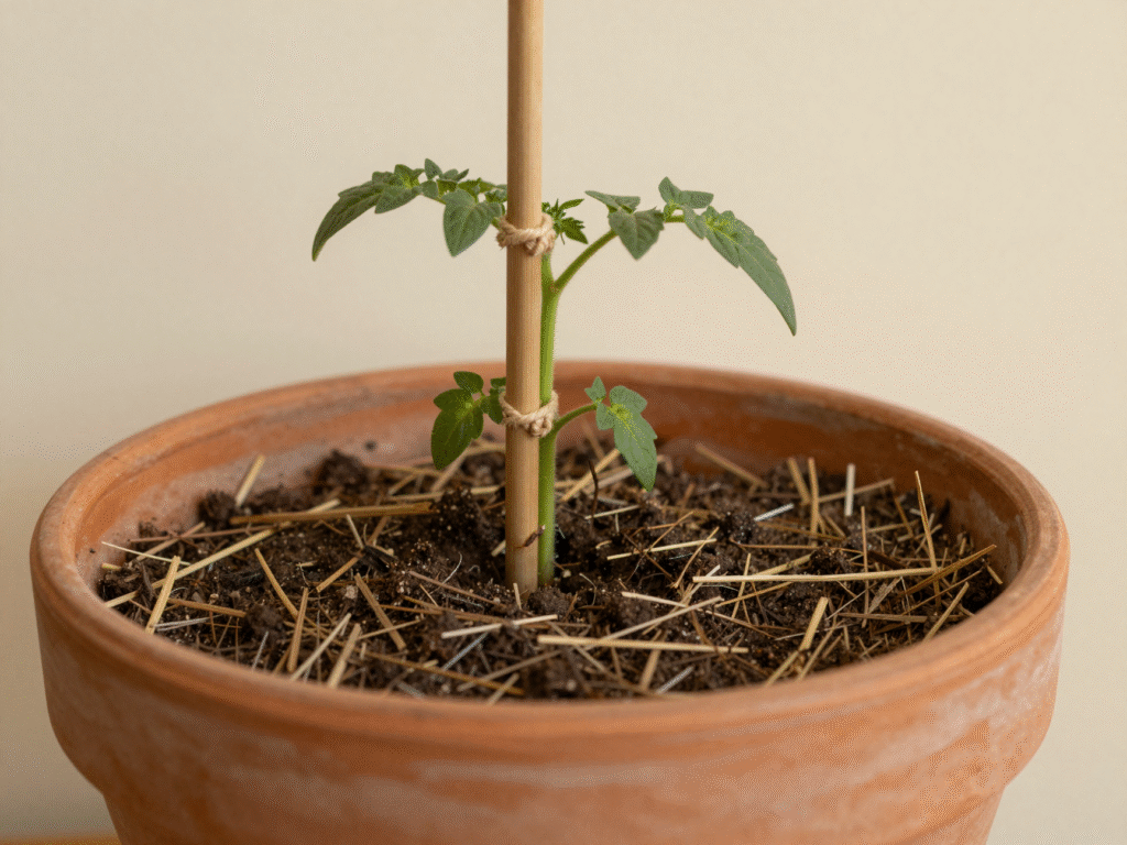 Jeune plant de tomate planté profond dans un grand pot, paillage de paille et tuteur en bambou