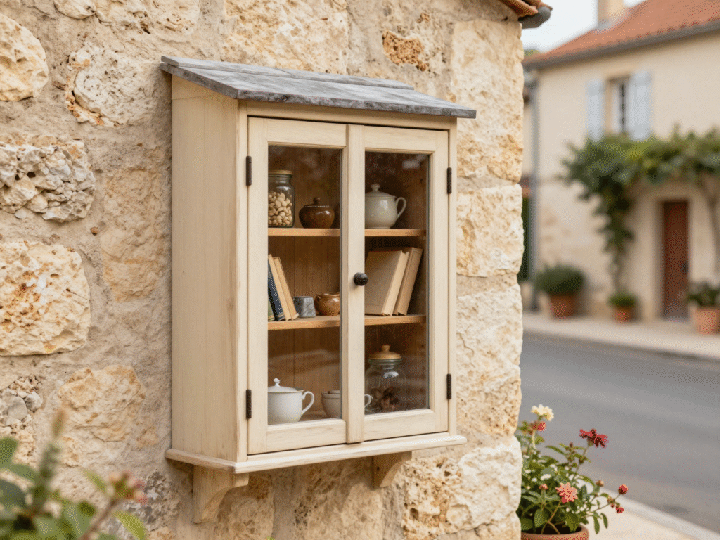 Petite boîte à dons en bois vitrée remplie de livres et de bocaux, fixée sur un mur de pierre dans une rue de village