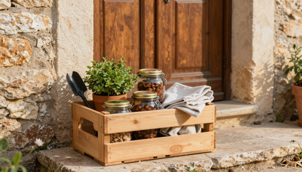 Caisse en bois remplie de bocaux, d'une plante en pot et d'outils de jardin posée sur un pas de porte, prête à circuler entre voisins