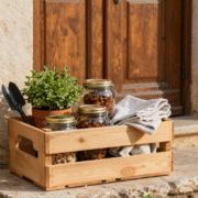 Caisse en bois remplie de bocaux, d'une plante en pot et d'outils de jardin posée sur un pas de porte, prête à circuler entre voisins