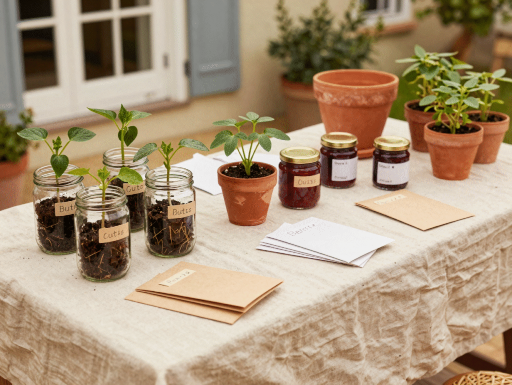 Table de troc de jardin avec boutures étiquetées en bocaux, sachets de graines, godets de semis et pots de confiture