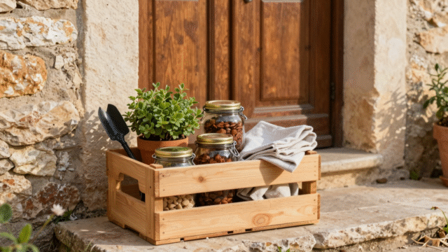Caisse en bois remplie de bocaux, d'une plante en pot et d'outils de jardin posée sur un pas de porte, prête à circuler entre voisins