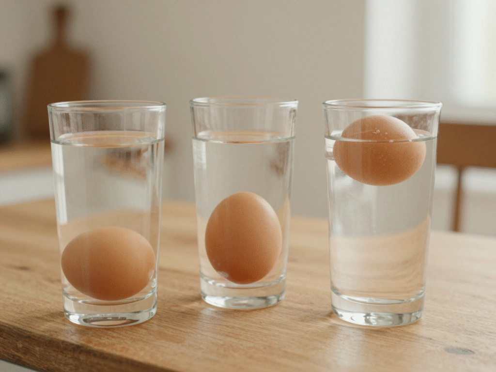 Trois verres d'eau montrant un œuf coulé, un œuf redressé et un œuf qui flotte