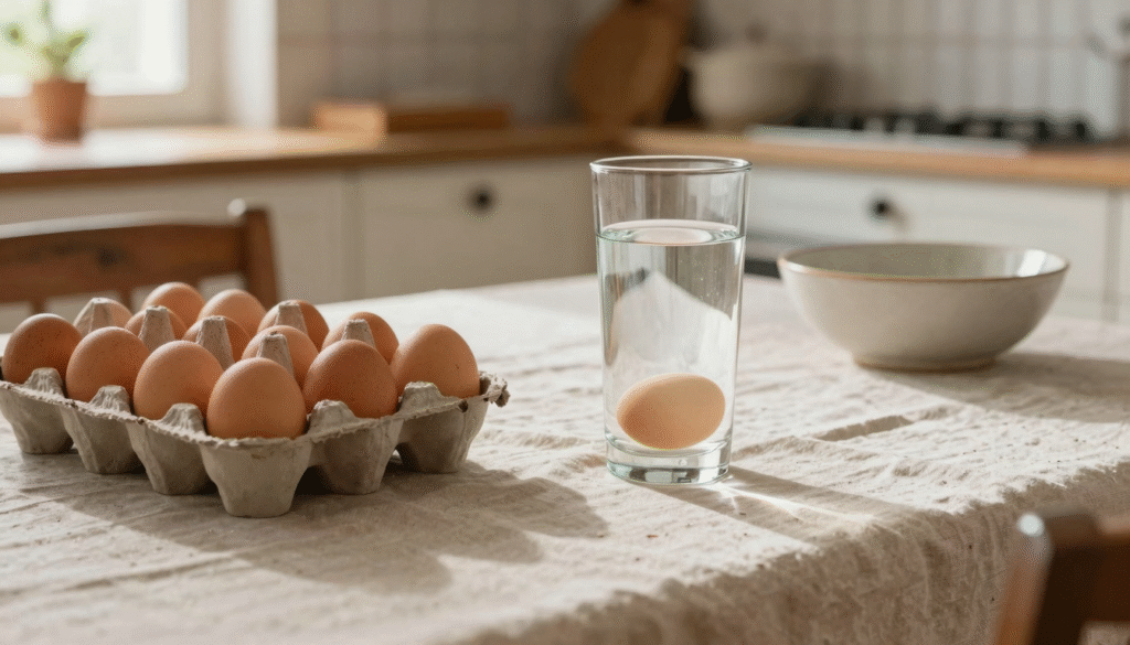 Boîte d'œufs bruns et verre d'eau avec un œuf au fond, sur une table de cuisine rustique
