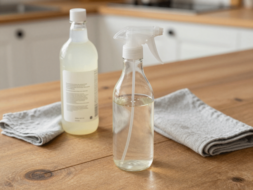 Préparation du mélange vinaigre blanc et eau tiède dans un vaporisateur en verre