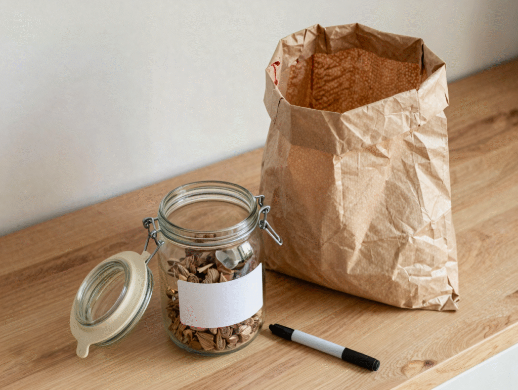 Transvasement de céréales d'un sac papier vers un grand bocal en verre, avec entonnoir, étiquette vierge et feutre