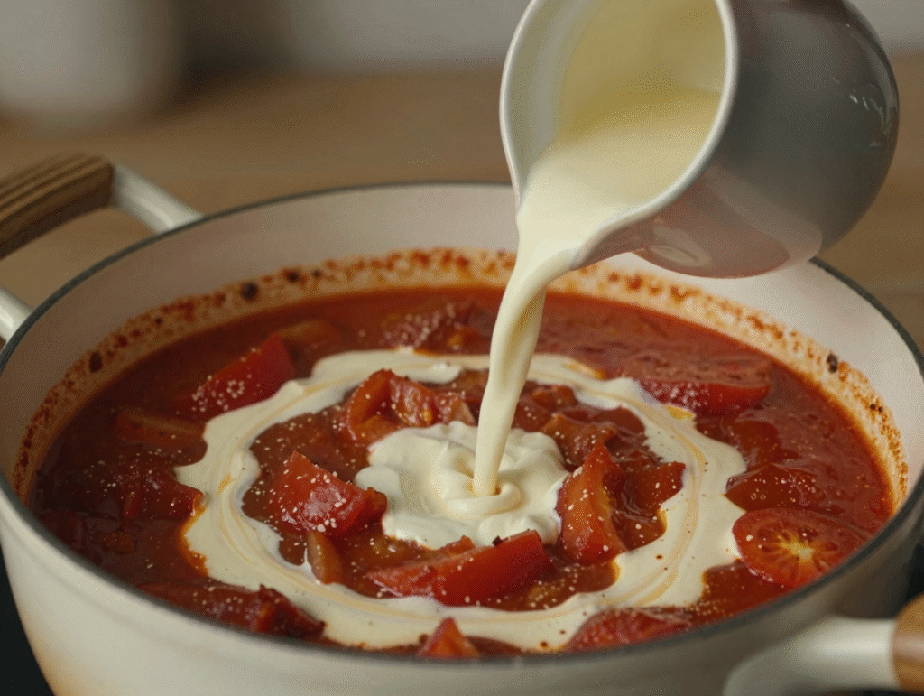 Filet de crème versé dans une sauce rouge épicée qui mijote, volutes blanches dans la sauce