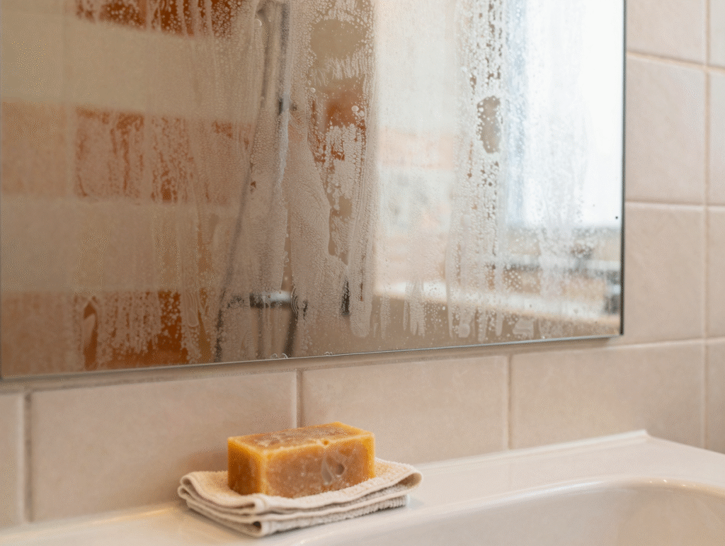 Miroir embué avec une zone restée parfaitement nette, cube de savon de Marseille et chiffon microfibre posés dessous