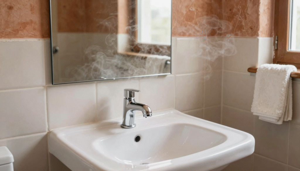 Miroir de salle de bains resté parfaitement net alors que la vapeur envahit la pièce