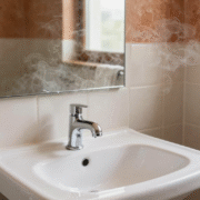 Miroir de salle de bains resté parfaitement net alors que la vapeur envahit la pièce