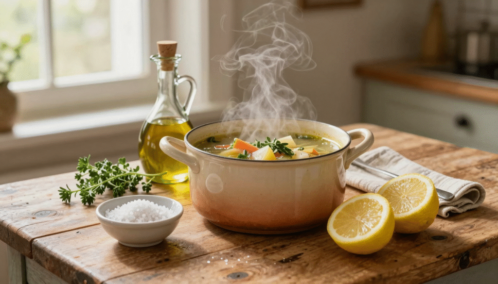 Sel gris, citrons, huile d'olive et herbes fraîches autour d'une marmite de soupe sur une table en bois