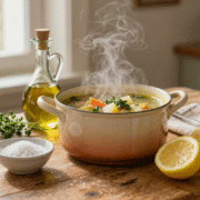 Sel gris, citrons, huile d'olive et herbes fraîches autour d'une marmite de soupe sur une table en bois