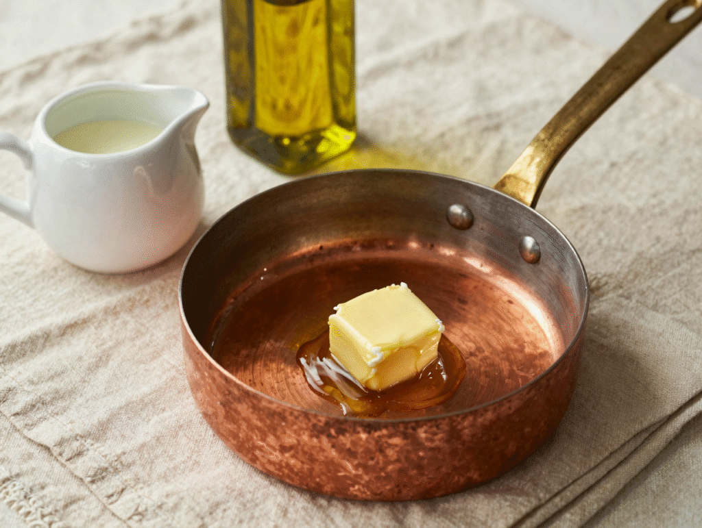 Noix de beurre fondant dans une sauce brillante au fond d'une casserole en cuivre