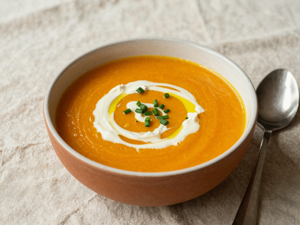 Velouté de courge servi avec un tour de crème, un filet d'huile d'olive et de la ciboulette