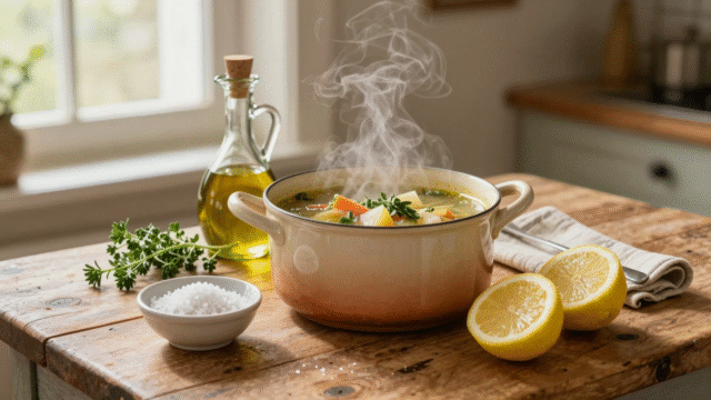 Sel gris, citrons, huile d'olive et herbes fraîches autour d'une marmite de soupe sur une table en bois