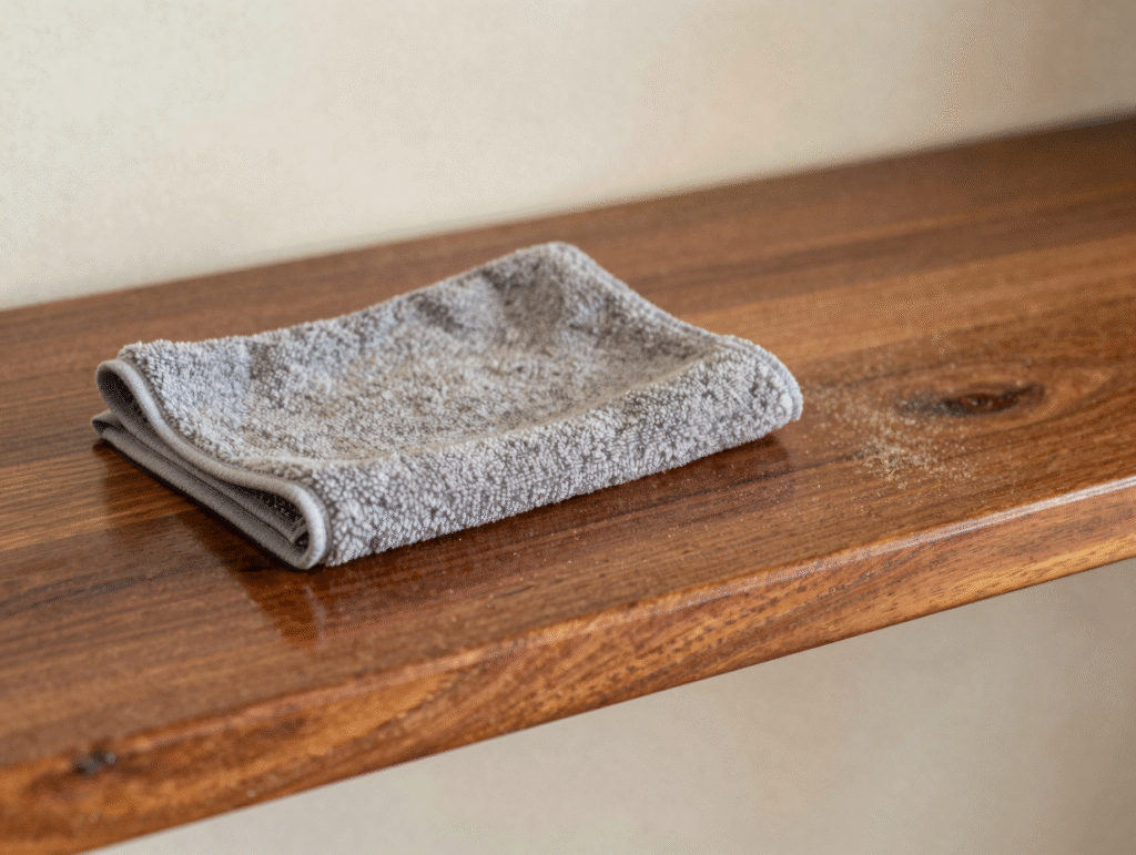 Chiffon microfibre humide posé sur une étagère en bois à moitié dépoussiérée