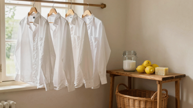 Chemises blanches suspendues près d'une fenêtre avec bicarbonate, citrons et savon de Marseille sur une étagère