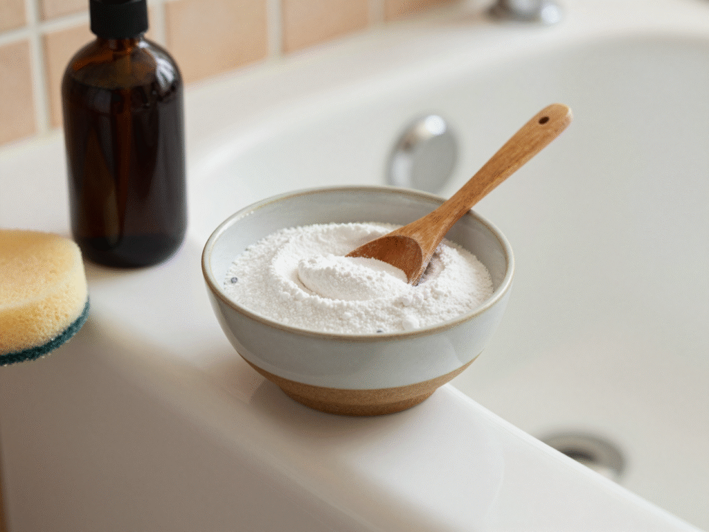 Bol de pâte au bicarbonate et savon noir posé sur le rebord d'une baignoire avec une éponge douce