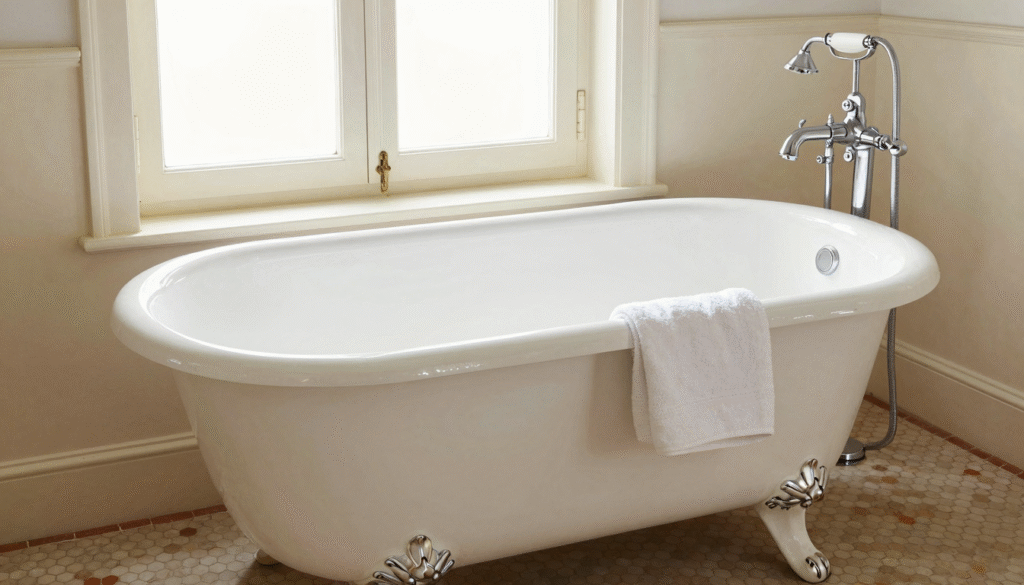 Baignoire ancienne en fonte émaillée d'un blanc impeccable dans une salle de bains à l'ancienne