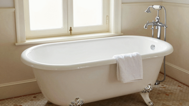 Baignoire ancienne en fonte émaillée d'un blanc impeccable dans une salle de bains à l'ancienne