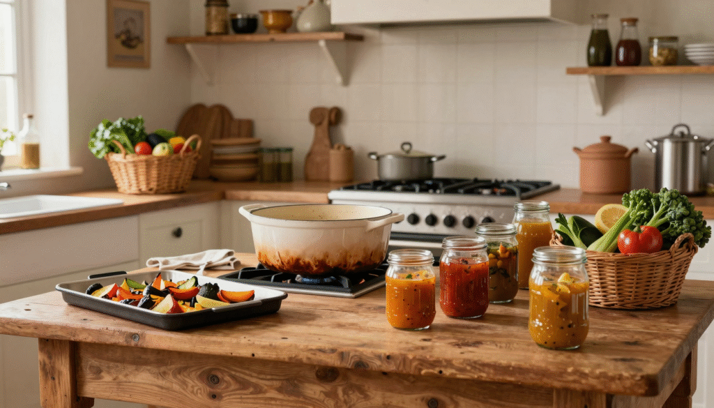 Cuisine rustique un dimanche : cocotte qui mijote, plaques de légumes rôtis et bocaux de soupe alignés