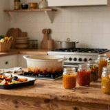 Cuisine rustique un dimanche : cocotte qui mijote, plaques de légumes rôtis et bocaux de soupe alignés
