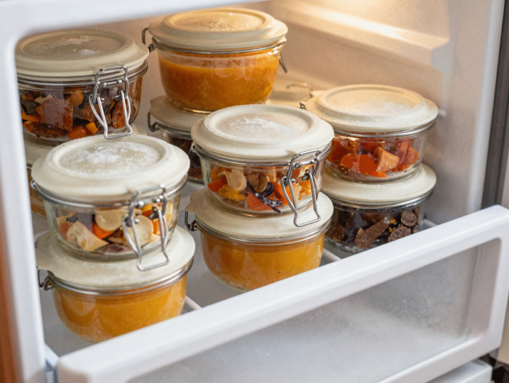 Portions de mijoté, de soupe et de légumes rôtis en bocaux rangées dans un tiroir de congélateur