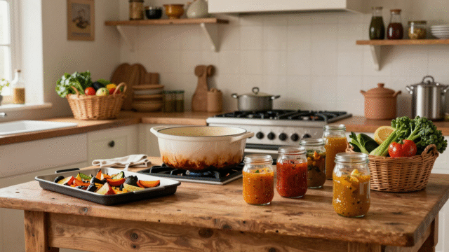 Cuisine rustique un dimanche : cocotte qui mijote, plaques de légumes rôtis et bocaux de soupe alignés
