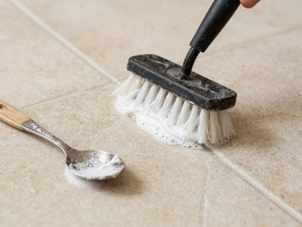 Brossage de la pâte bicarbonate-percarbonate le long d'un joint de carrelage au sol