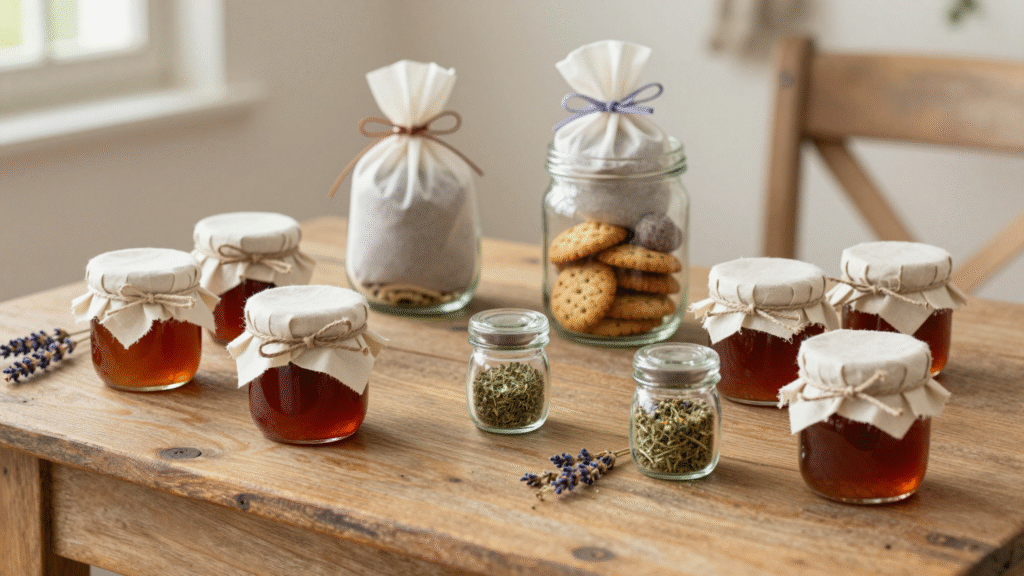 Cadeaux faits maison sur une table en bois : pots de confiture habillés de tissu, sachets de lavande et bocal à biscuits