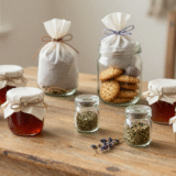 Cadeaux faits maison sur une table en bois : pots de confiture habillés de tissu, sachets de lavande et bocal à biscuits
