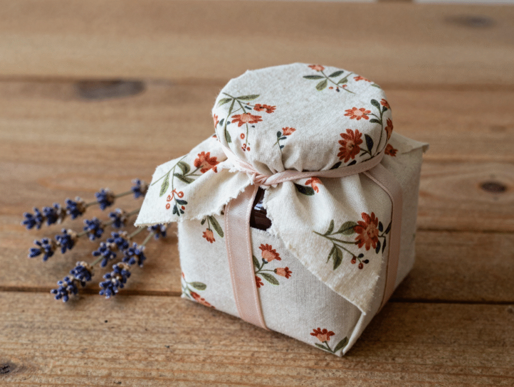 Cadeau emballé dans un carré de tissu fleuri noué à la manière furoshiki, brins de lavande à côté