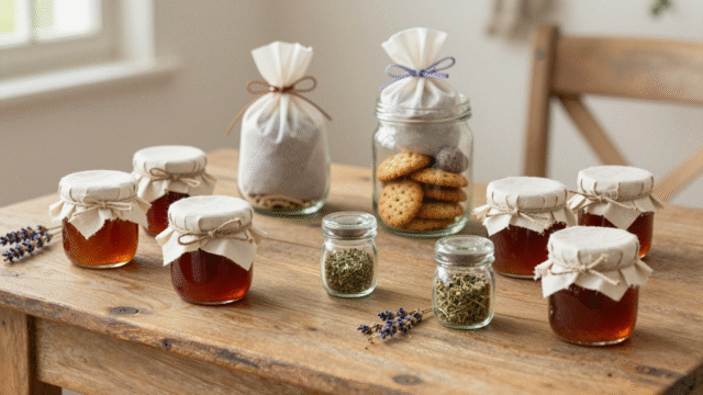 Cadeaux faits maison sur une table en bois : pots de confiture habillés de tissu, sachets de lavande et bocal à biscuits