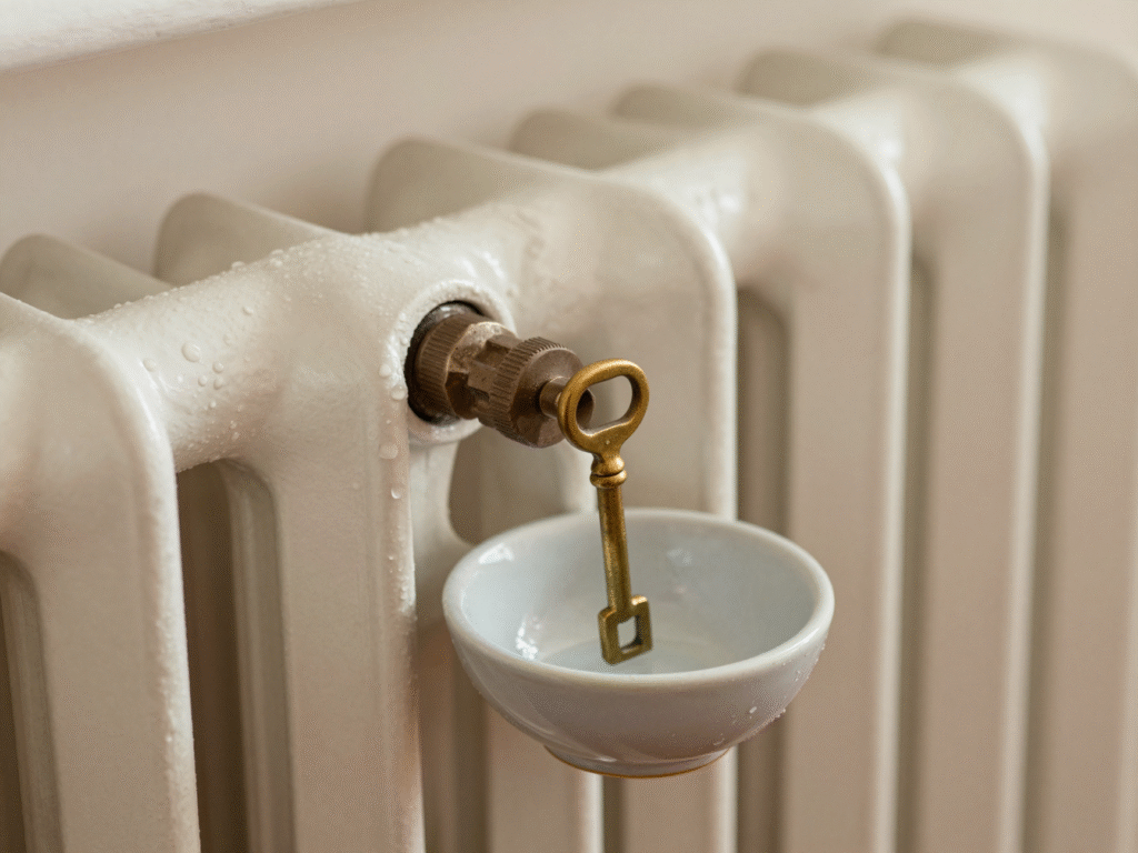 Clé de purge en laiton sur la vis d'un radiateur en fonte, bol posé dessous pour recueillir l'eau